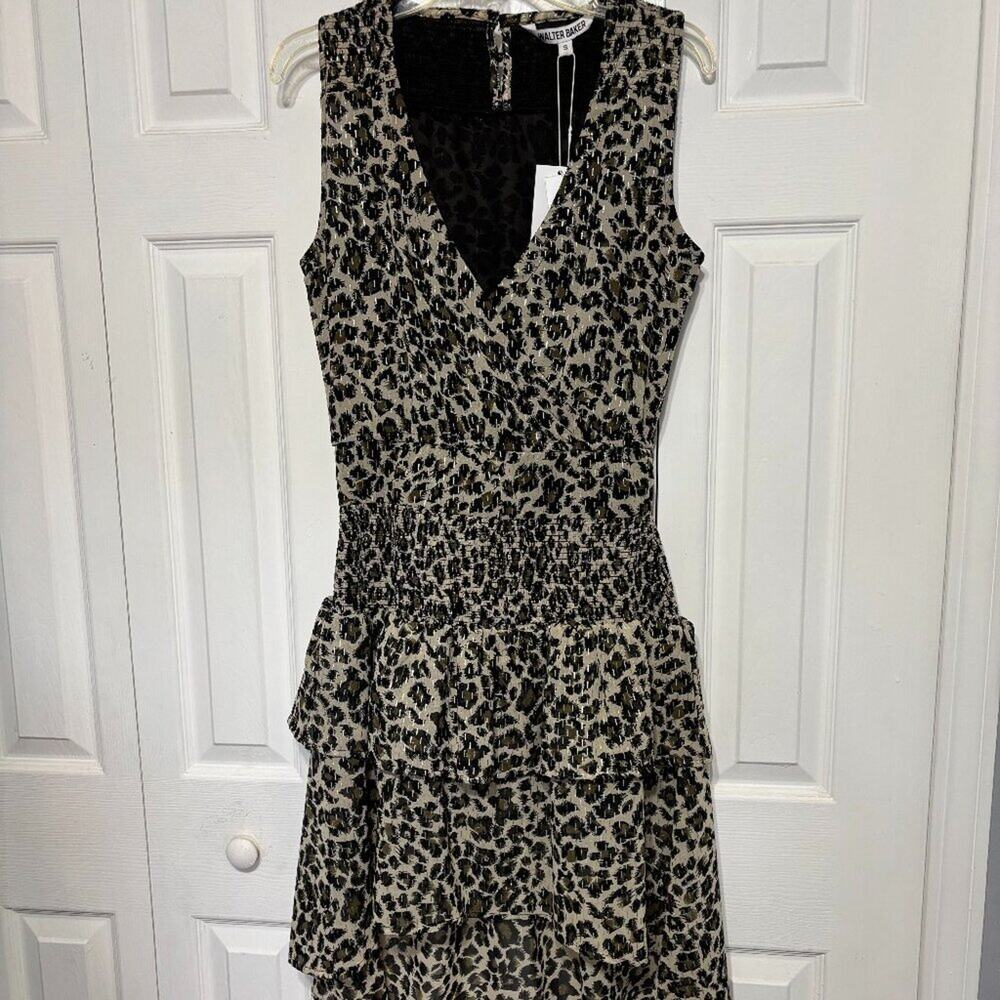 Walter Baker Leandria Dress Dusty Olive Leopard Small Hi Low Fitted Layered